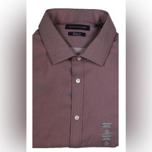 Tommy Hilfiger Mens Herringbone Button-Down Slim Fit Dress Shirt Burgundy XL 17